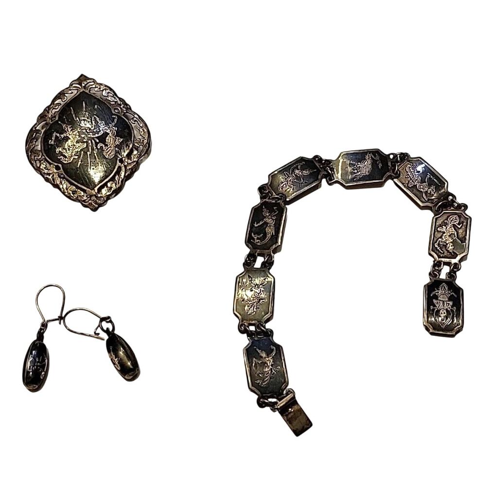 Vintage Sterling Silver Bracelet Pendant Earrings Dancers in Black Enamel